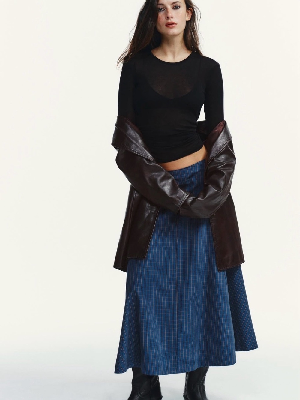 ZARA Blue Plaid A-Line Midi Skirt size XS - Picture 2 of 4
